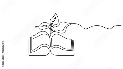 Opened book with sprout plant continuous one line drawing, Education study and knowledge concept in simple linear style. Doodle contour vector illustration. Growing wisdom. Editable outline