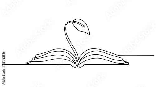 Opened book with sprout plant continuous one line drawing, Education study and knowledge concept in simple linear style. Doodle contour vector illustration. Growing wisdom. Editable outline