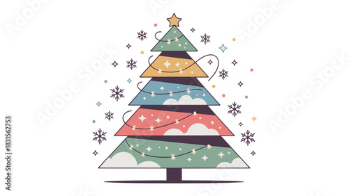 Festive Geometric Tree: A charming, geometrically-styled Christmas tree, adorned with colorful layers, delicate snowflake and a shining star on top, brings a touch of winter cheer and holiday spirit.