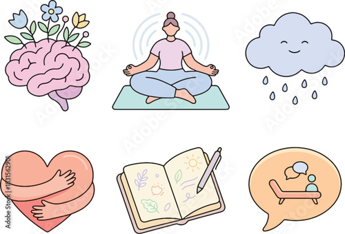 Mental Health Icons Set, Mindfulness, Self-Care, Therapy, Mood, Emotional Wellness Illustrations