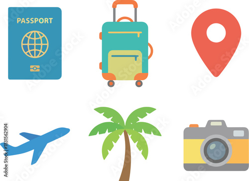 Travel Icons Set, Passport, Luggage, Location Pin, Airplane, Palm Tree, Camera Vector for travel agencies, vacation promotions, mobile apps, booking platforms, tourism branding, blogs, and social medi