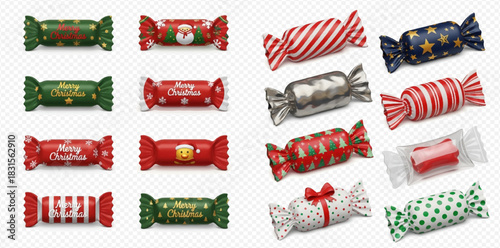 Collection of various festive Christmas candies and sweets with colorful wrappers, featuring holiday designs and patterns.