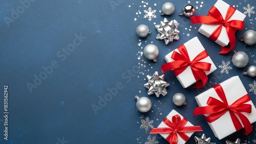 Christmas Gifts with Red Ribbons and Ornaments on Blue Background