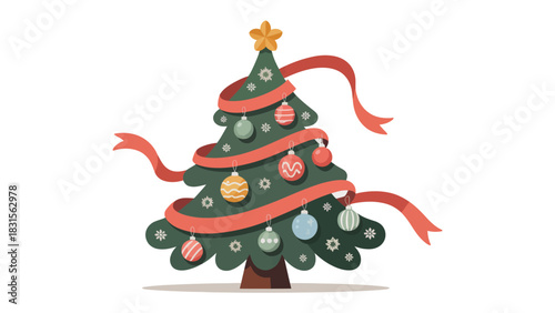 Festive Spruce: A detailed Christmas tree bedecked with ornament and wrapped in a ribbon, offering festive charm and holiday cheer.
