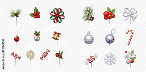 Collection of festive Christmas decorative elements including pine branches, red berries, ribbons, ornaments, candy canes, and snowflakes on picks.