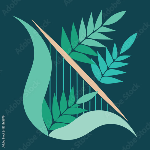 Stylized harp with green leaves, abstract minimalist graphic art