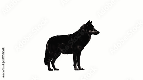 Majestic Black Wolf Standing Profile, Detailed Fur Texture, Wild Animal