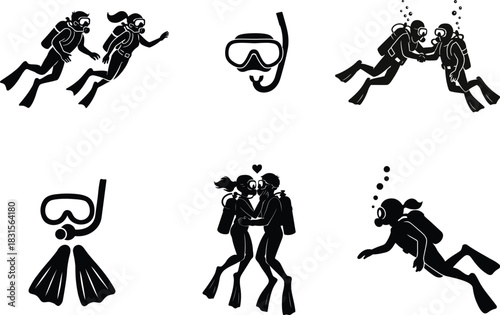 Detailed scuba diving silhouette bundle set