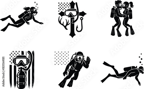 Beautiful scuba diving silhouette bundle set
