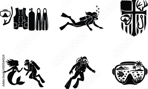 Inspiring scuba diving silhouette bundle set