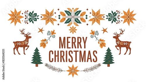 Celebrate the season with this charming Merry Christmas design featuring festive reindeer and winter florals