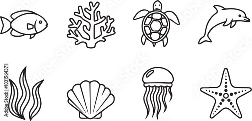 Marine life and underwater icons fish coral
