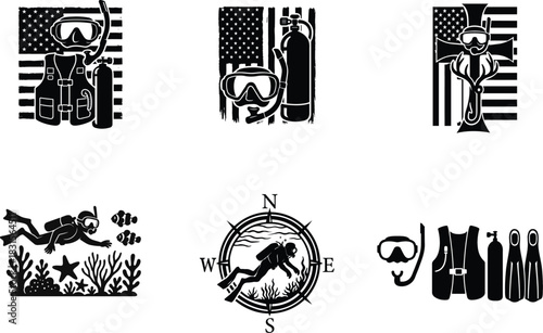 Professional scuba diving silhouette bundle set