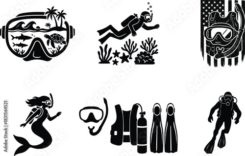 Scuba diving silhouette bundle set featuring ocean adventure diver