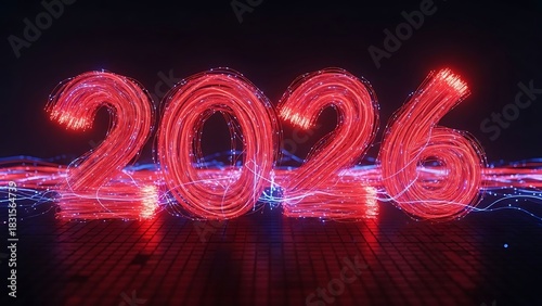 Futuristic 2026 Year Design With Red Fiber Optic Strands and Lights