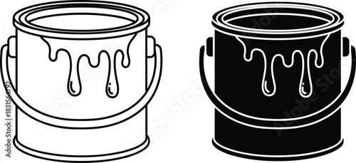 Two paint cans, one white and one black, with dripping paint isolated on white background perfect for painting, renovation, or creative projects