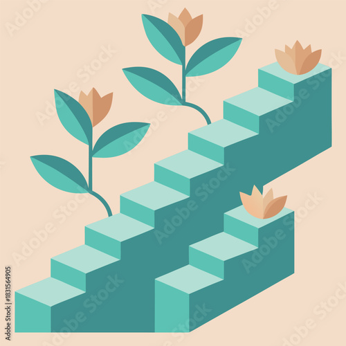 Geometric progress steps with stylized floral elements and growth