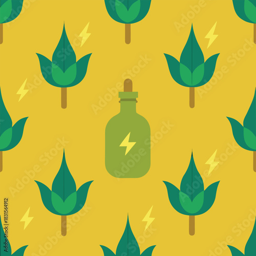 Green plant leaves and energy potion bottles seamless pattern