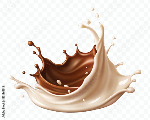 abstract 3d liquid chocolate with cream milk splash in different style isolated on transparent background	