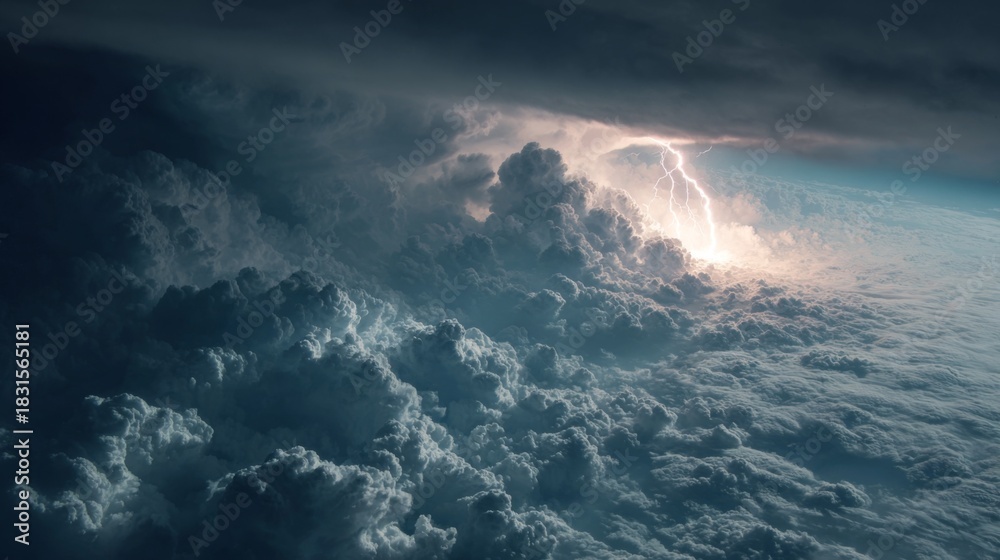 Fototapeta premium Dramatic Thunderstorm Overlooking Billowing Clouds with Striking Lightning Illuminating the Dark Sky During an Ominous Weather Event
