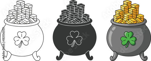 Pot of gold with clover isolated on white background st patricks day treasure, lucky charm, irish tradition, wealth and prosperity symbol