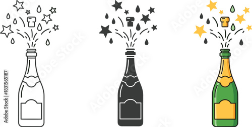 Champagne bottle popping with stars and drops isolated on white background celebration, party, holiday concept line, silhouette, and color versions