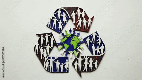 Symbolic Paper Recycling Symbol with Earth and Human Silhouettes, Eco-Friendly Concept.