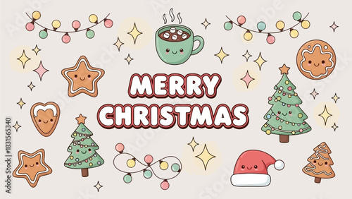 Adorable Merry Christmas card featuring smiling gingerbread cookies, trees, lights, and cozy cocoa art