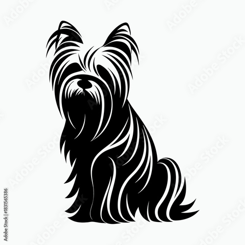 Stylized black silhouette of a Yorkshire Terrier sitting gracefully  