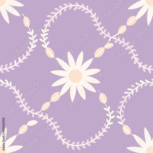 Gentle floral seamless pattern with white daisy flowers on lavender.