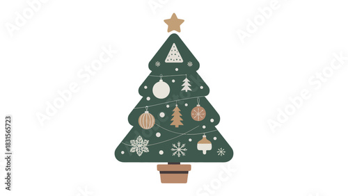 Holiday Cheer in Minimalist Design: A stylized Christmas tree adorned with minimalist ornaments, representing the spirit of festive season.