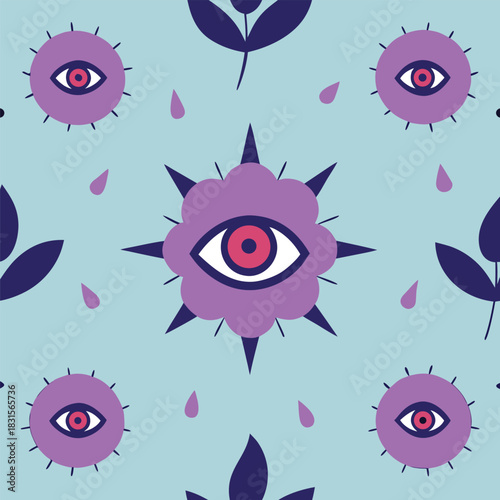 Mystical all-seeing eye pattern with floral elements and teardrops