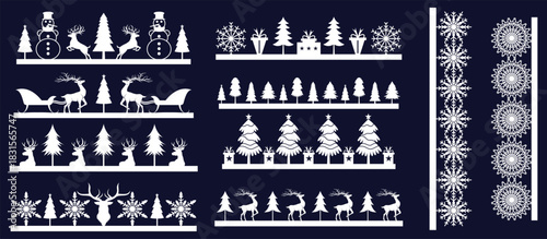 Christmas symbols black silhouette of Santa Claus, reindeer, snowflakes, balls, tree, angel, mistletoe and others. Vector set templates for laser cut isolated on white background