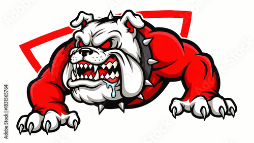 Aggressive Bulldog Mascot with Spikes, Red and White Colors, Gritting Teeth.