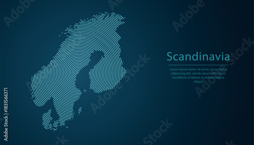Glowing neon line map of Scandinavia in abstract circular vector style