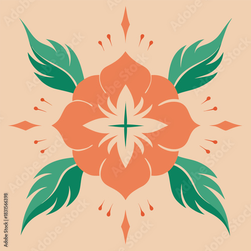 Orange blossom and green leaves symmetrical vector decorative art