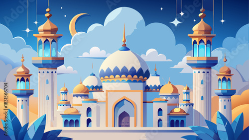 Illustration of a cartoon mosque under a night sky