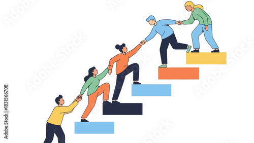 Teamwork and support concept. People helping each other on colorful steps. Business teamwork illustration. Teamwork vector design. Partnership and collaboration. Staircase to success.