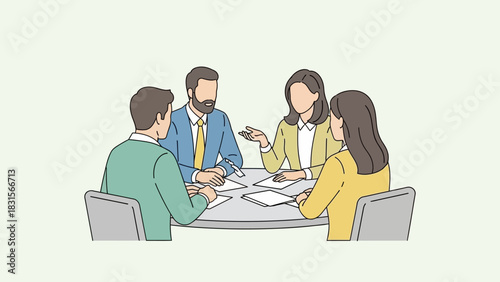Business meeting illustration. Team discussion vector. People sitting around table. Office workers. Flat design. White background.