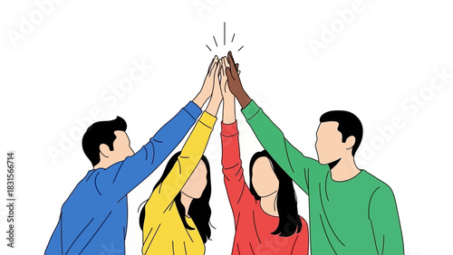 Diverse people stacking hands. Teamwork and unity concept. Four people with different skin tones and clothes. Vector illustration on white background. Team collaboration. Partnership and