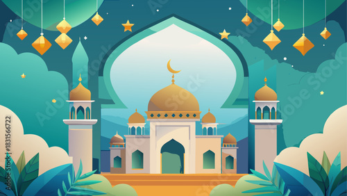 Illustration of a mosque with stars and lanterns