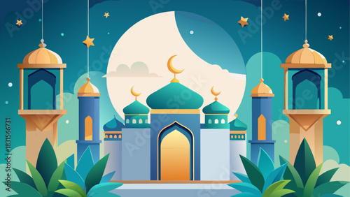 Illustration of a mosque with moon and stars