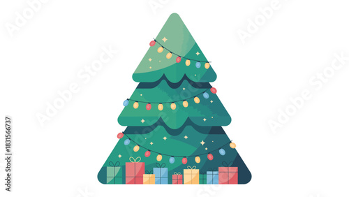 Festive Evergreen Tree: A vibrant illustration of a decorated Christmas tree, adorned with colorful lights and wrapped presents, embodies the joyous spirit of the season.