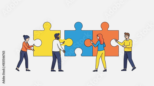 People holding puzzle pieces. Teamwork and collaboration concept. Vector illustration of four people on white background. Puzzle pieces in yellow, blue, orange, and white colors. Team