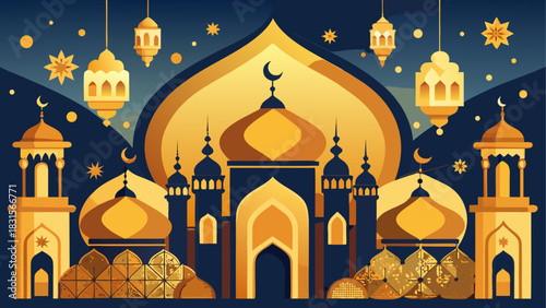 Illustration of a mosque with lanterns and stars
