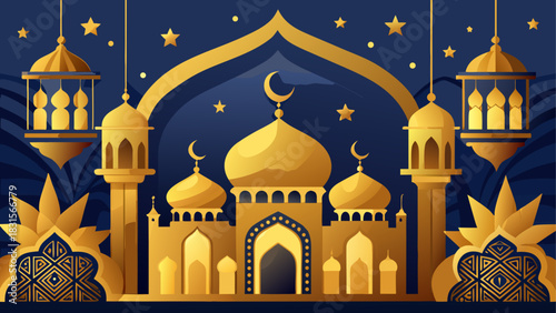 Illustration of a golden mosque with blue night