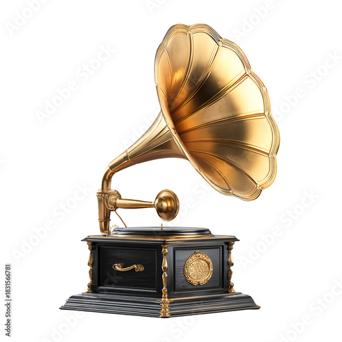 Antique gramophone phonograph with brass horn isolated on transparent background