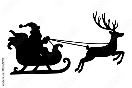 Santa Claus on a sleigh with reindeer, flying, illustration in black silhouette, on a white background.