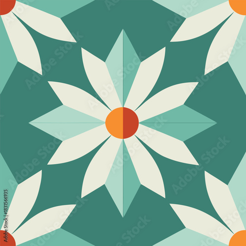 Abstract geometric daisy pattern, teal background, white petals