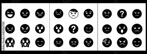 Black and white faces expressing emotions individuality standing out from the crowd